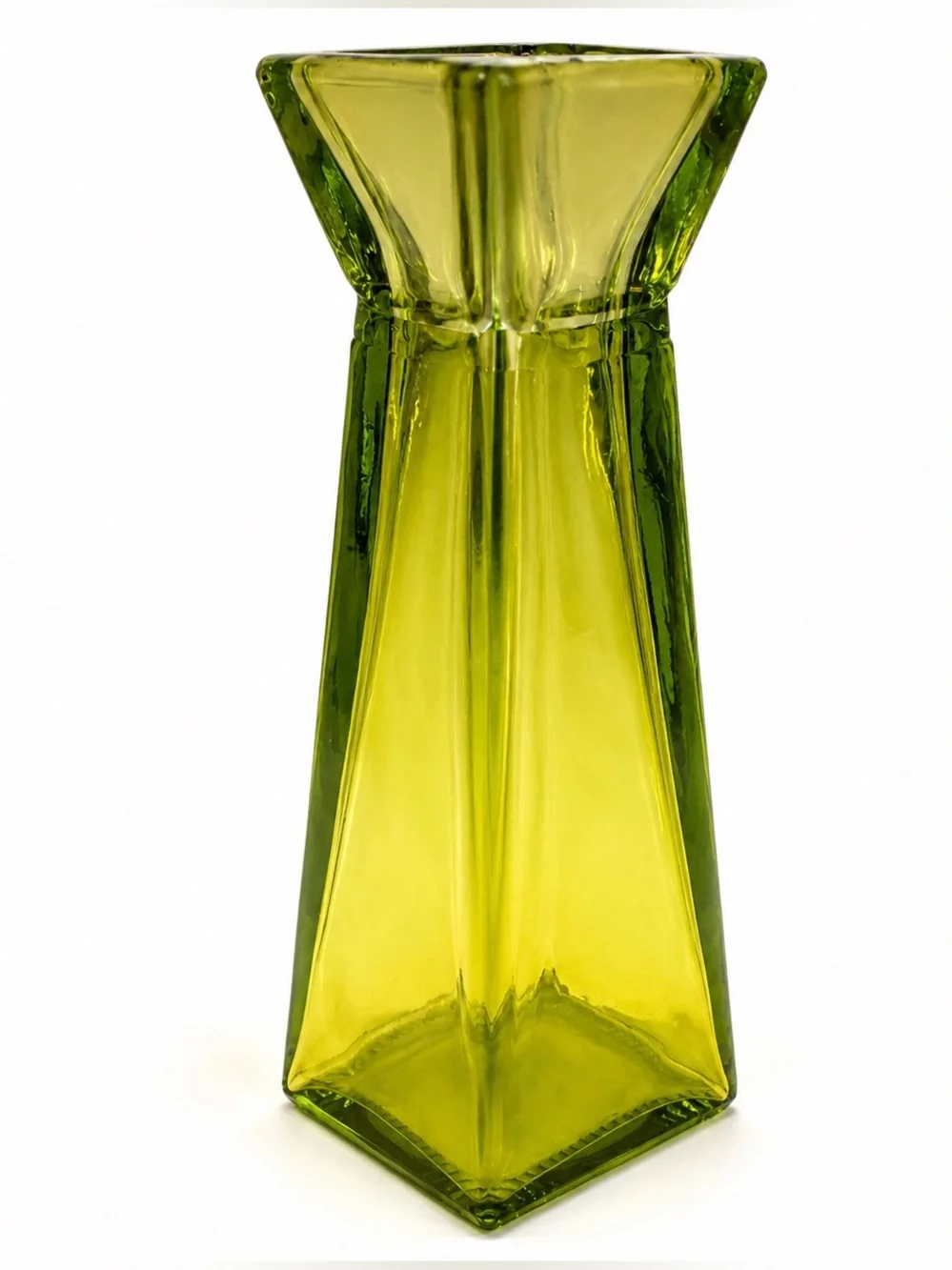 Blenko Inspired Olive Green Art Glass Vase 11” Vtg MCM Geometric Retro Decor